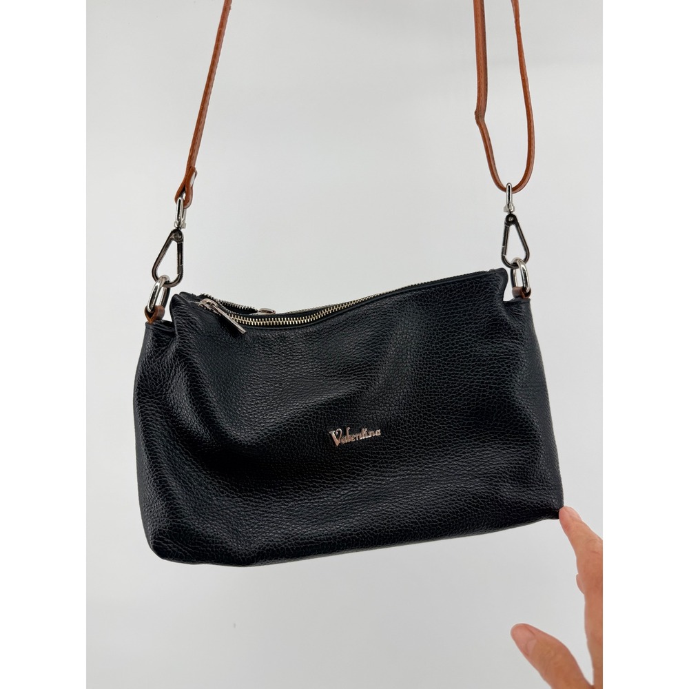 Valentina Black Pebbled Leather Triple Compartment Crossbody Bag Tan Strap